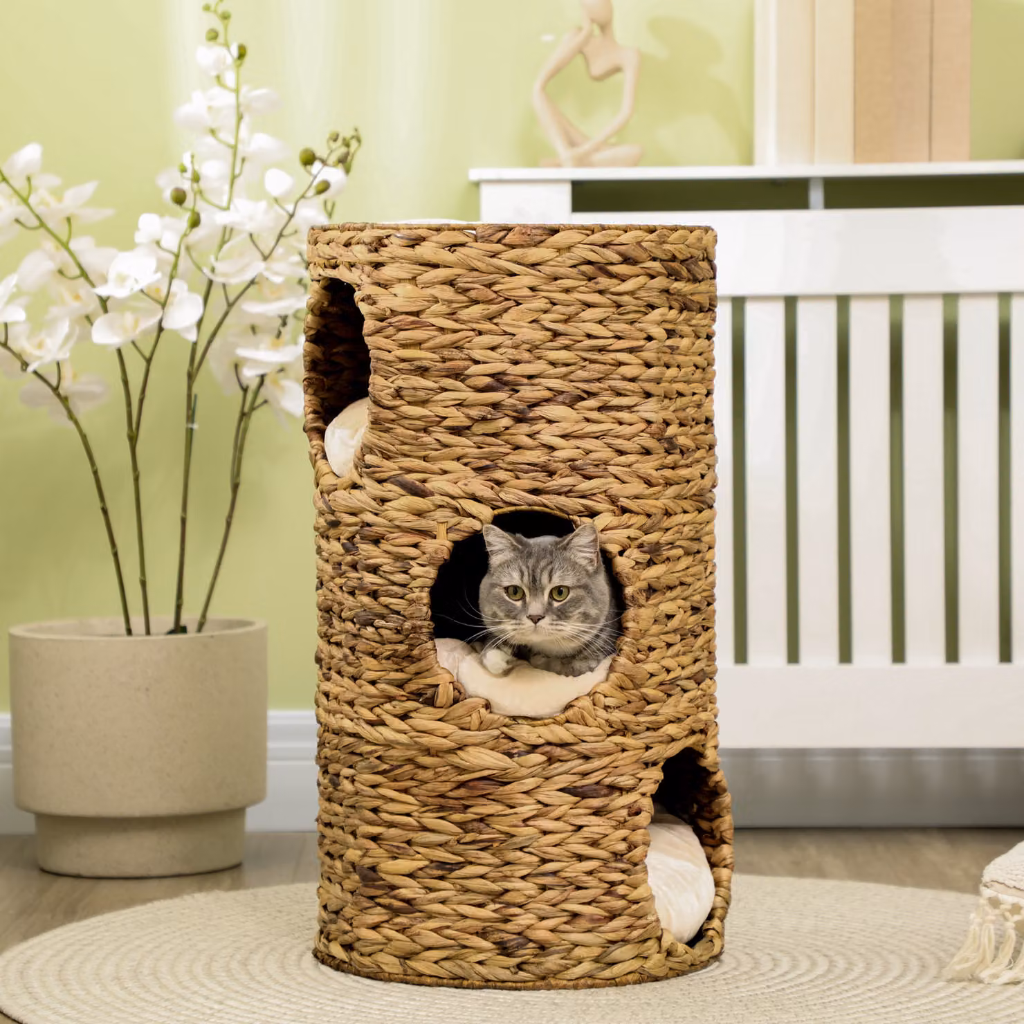 Torre Tiragraffi per Gatti PawHut con 3 Livelli e Cuscino Incluso, Design Bohémien in Rattan, L/P/H: 40 x 40 x 73 cm, Marrone Chiaro e Crema, Aosom – 2