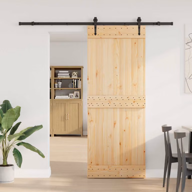 Porta scorrevole vidaXL NARVIK in legno di pino e metallo, Naturale e Nero, L: 80 cm, H: 210 cm