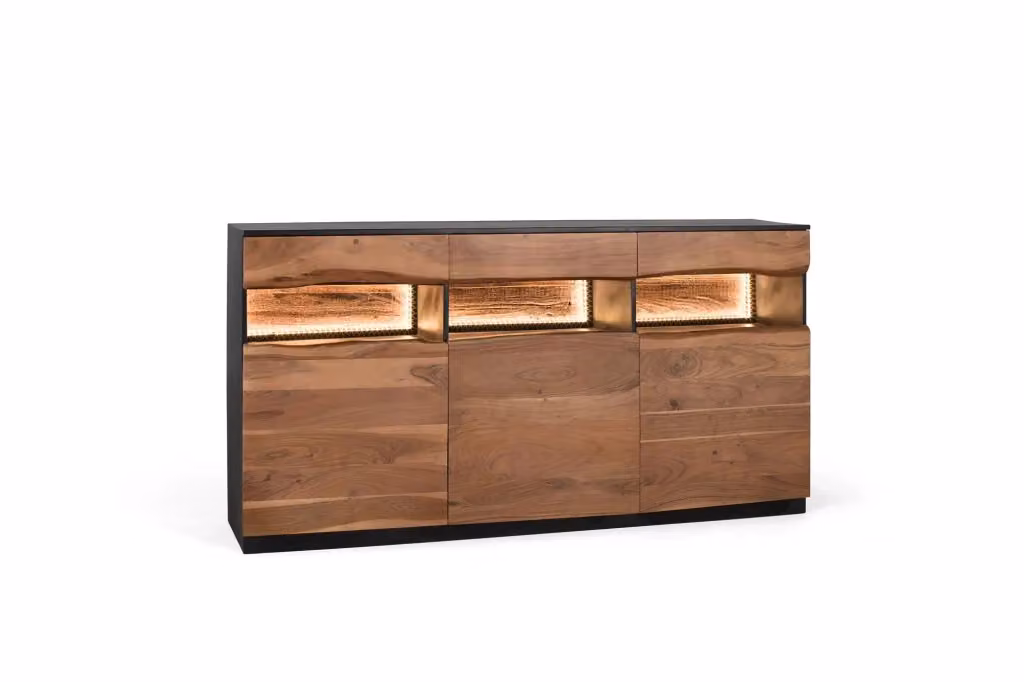 Credenza moderna in legno di acacia con illuminazione integrata, colori marrone e nero – 2