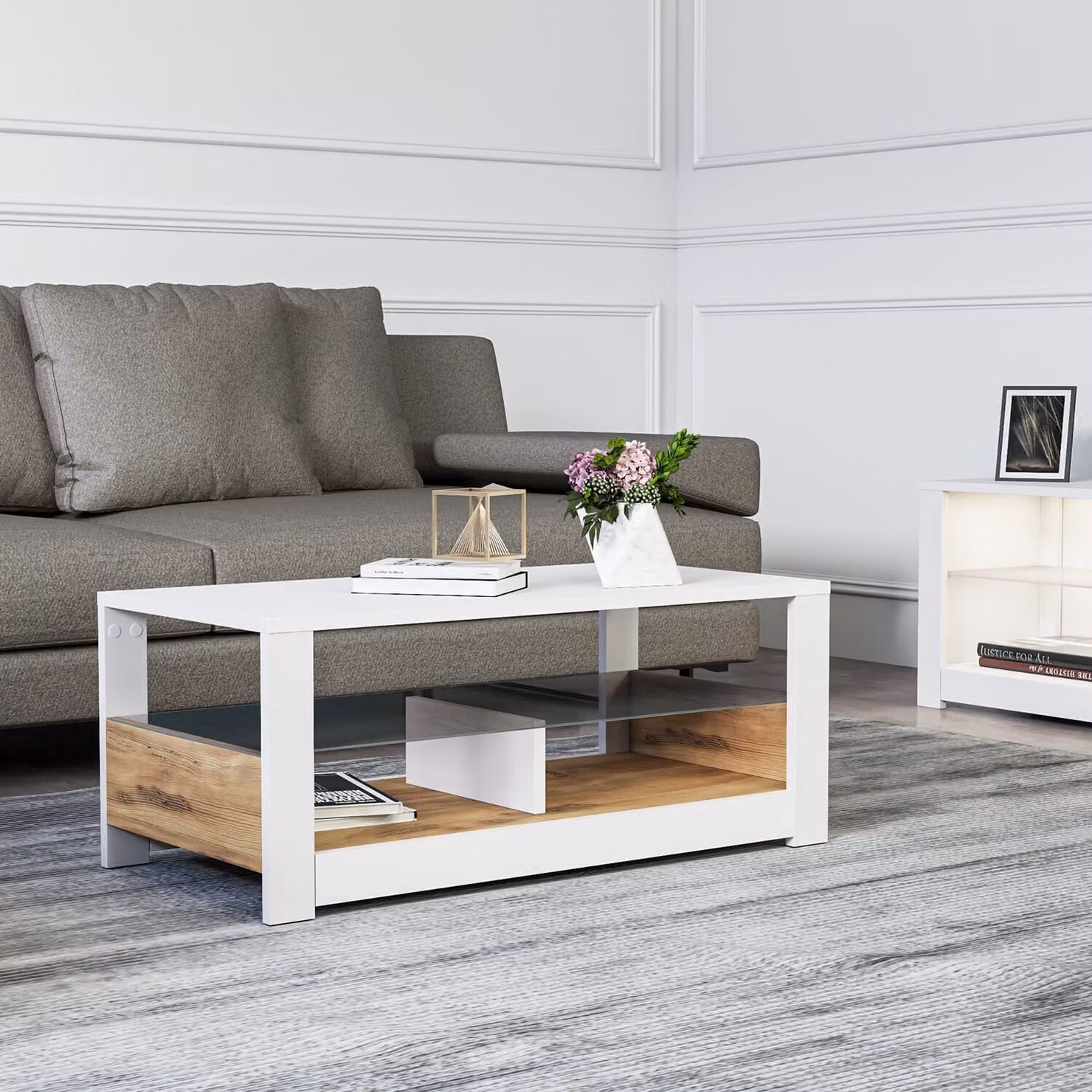 Skye Decor, tavolino moderno con ripiano in vetro, 90 x 37 x 45 cm | Pannello truciolare rivestito al 100% in melamina, spessore 18 mm | Possibilità di fissaggio a parete, bianco e rovere, design elegante.