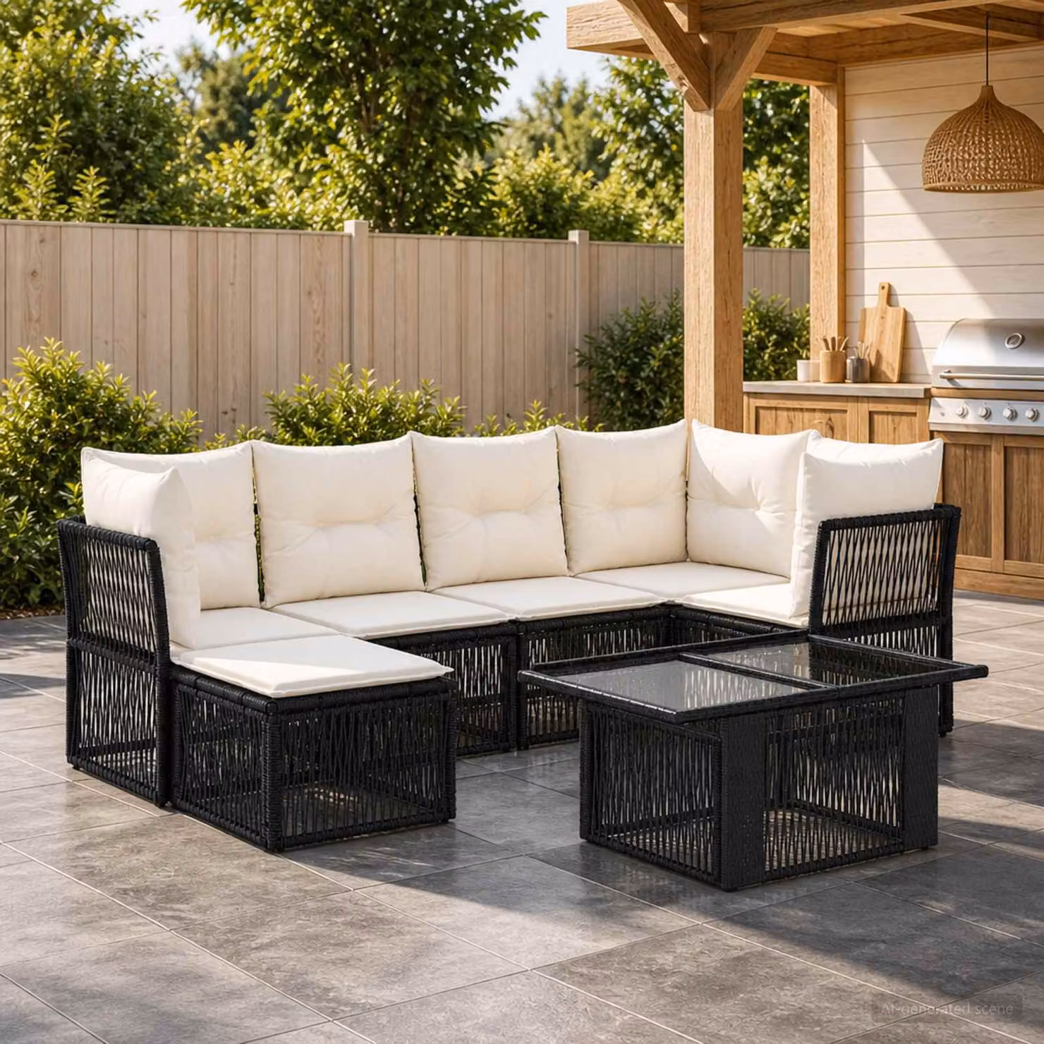 Set Divano da Giardino vidaXL 7 Pezzi in Polyrattan Nero con Cuscini e Tavolino da Esterno