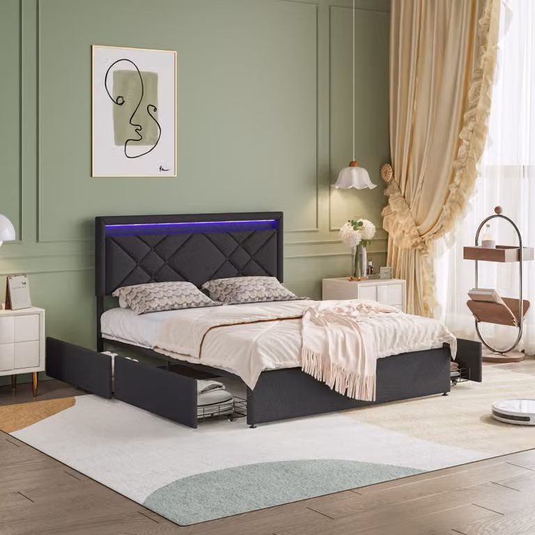 Letto matrimoniale 160 x 200 cm con rete a doghe e 4 cassetti, connessione USB e illuminazione LED, testata regolabile, nero