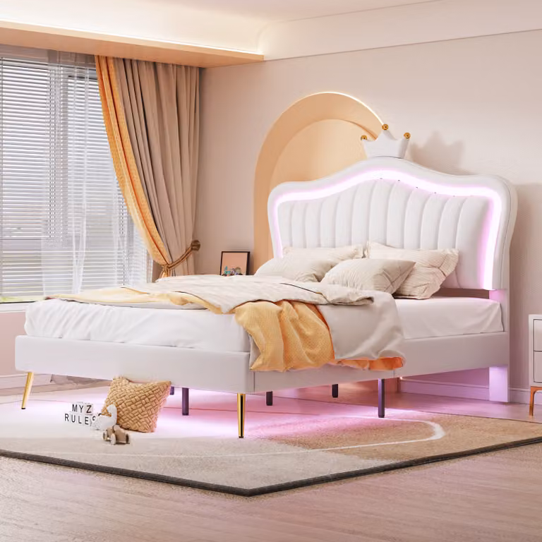 MODFU letto imbottito per bambini 140x200 con materasso e rete, letto per ragazzi con illuminazione a LED, letto singolo con testiera regolabile in altezza a forma di , bianco