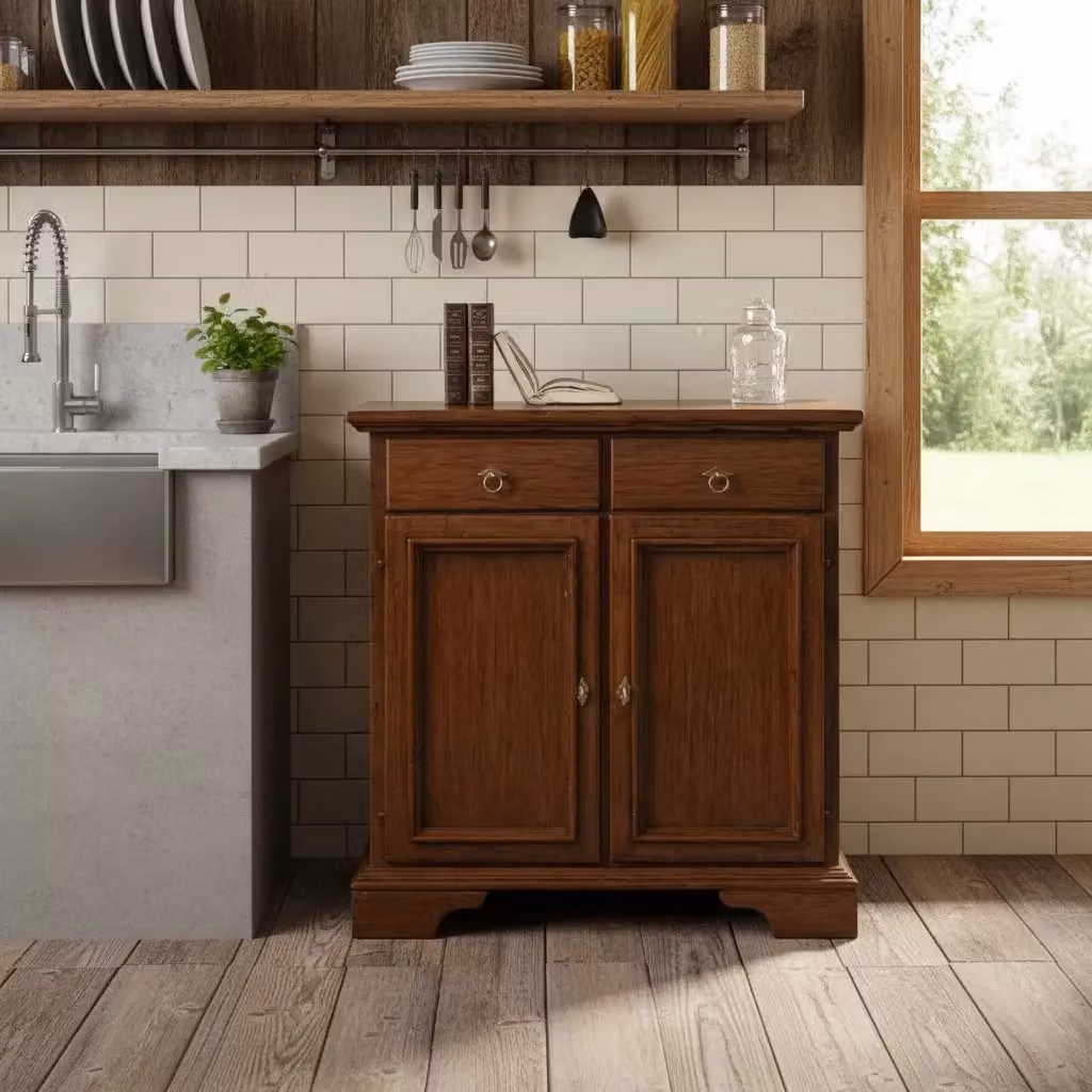 Credenza in legno massello stile arte povera con 2 ante e 2 cassetti Mobili 2G tinta noce L: 90 cm, P: 40 cm, H: 94 cm – 3