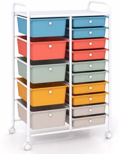 Carrello portaoggetti Macaron con 15 cassetti e ruote bloccabili, cassettiera salvaspazio multicolore in plastica e metallo per casa e ufficio – 1