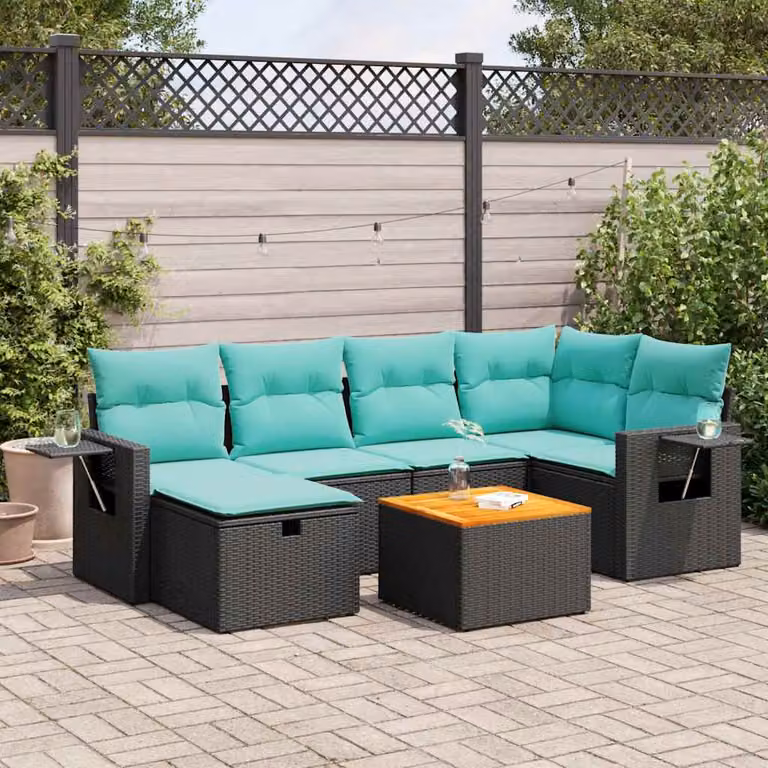 Set di divani da giardino vidaXL a forma di L con 7 pezzi, polyrattan e cuscini inclusi, nero