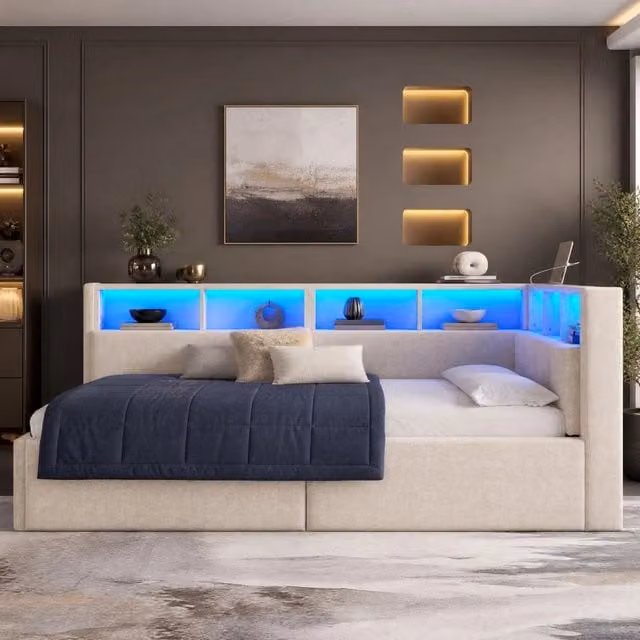 Letto contenitore Mivray con vani portaoggetti, illuminazione LED multicolore e porte USB e Type-C, rivestimento in tessuto beige, L/P/H: 200 x 90 x 35 cm – 1