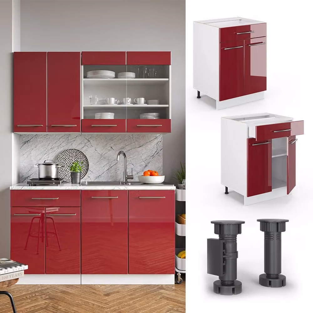 Mobiletto base per cucina Vicco Fame-Line Bordeaux lucido e Bianco con cassetto, L: 60 cm – 2