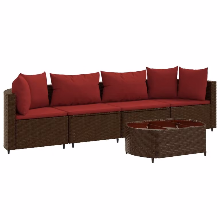Set Divano da Giardino 5 pz con Cuscini Marrone in Polyrattan