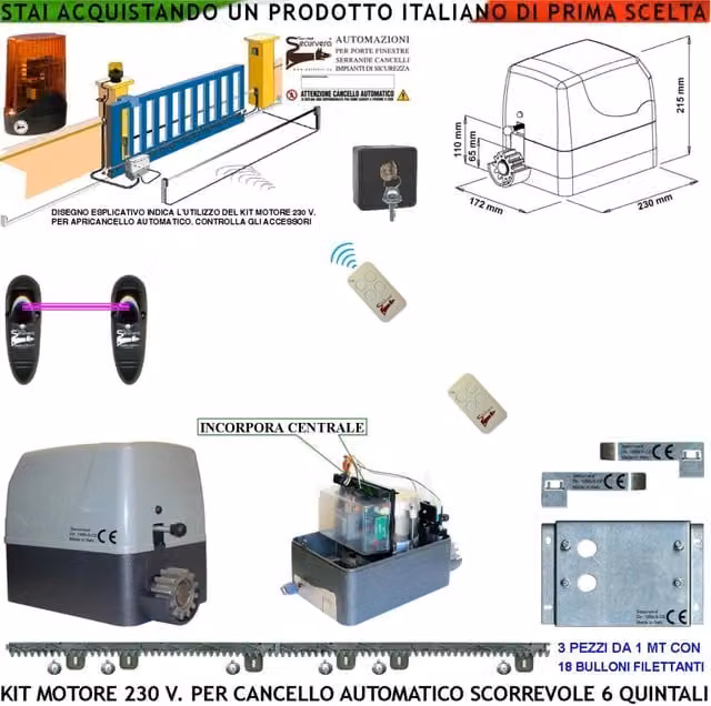 Automazione Cancello Scorrevole da 6 Q.li Kit Motore 230 V Con Centrale 2 Radiocomandi Faro Fotocellula Selettore Cremagliera 3 Metri in Nylon Fine Corsa Accessori Fissaggio Condensatore Pignone Z12