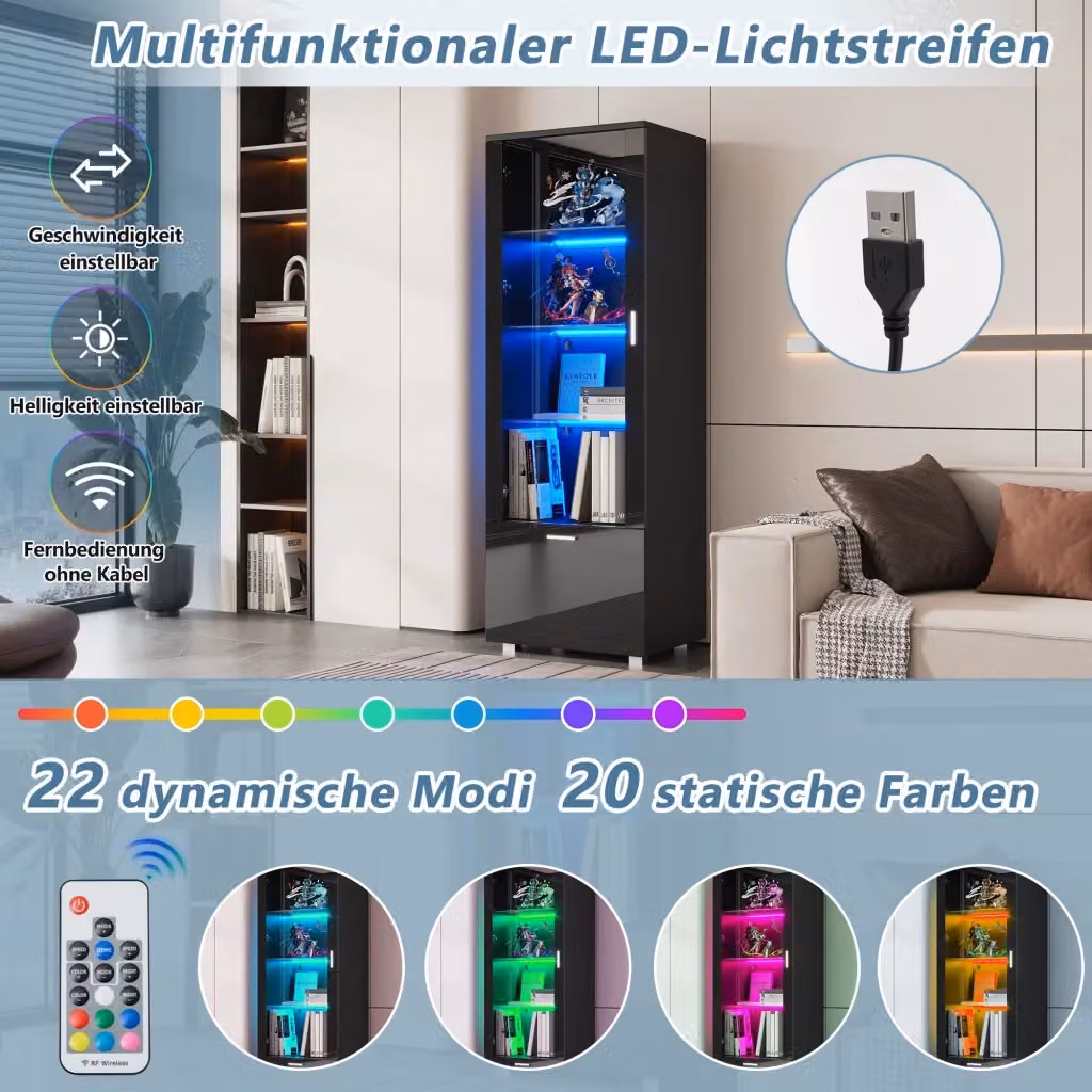 Set da 2 pezzi di vetrine REDOM in nero lucido con illuminazione integrata e ante in vetro, L: 40 cm, P: 50 cm, H: 160 cm – 2