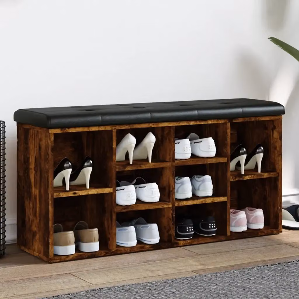 Panca Porta Scarpe in Legno Rovere e Finta Pelle Marrone e Nero L: 102 cm, P: 32 cm, H: 50 cm – 2