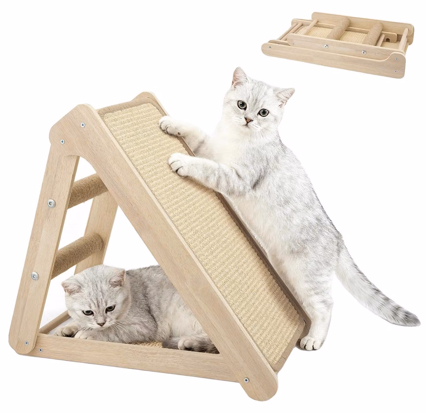 Tavola di gioco per gatti, design triangolare pieghevole, realizzata in legno massello, colore giallo chiaro