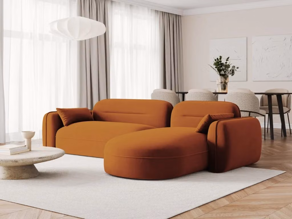 Divano angolare modulare Sydney Cosmopolitan Design a 4 posti in velluto arancione, configurazione destra, L 275 cm x P 140 cm x H 70 cm – 2