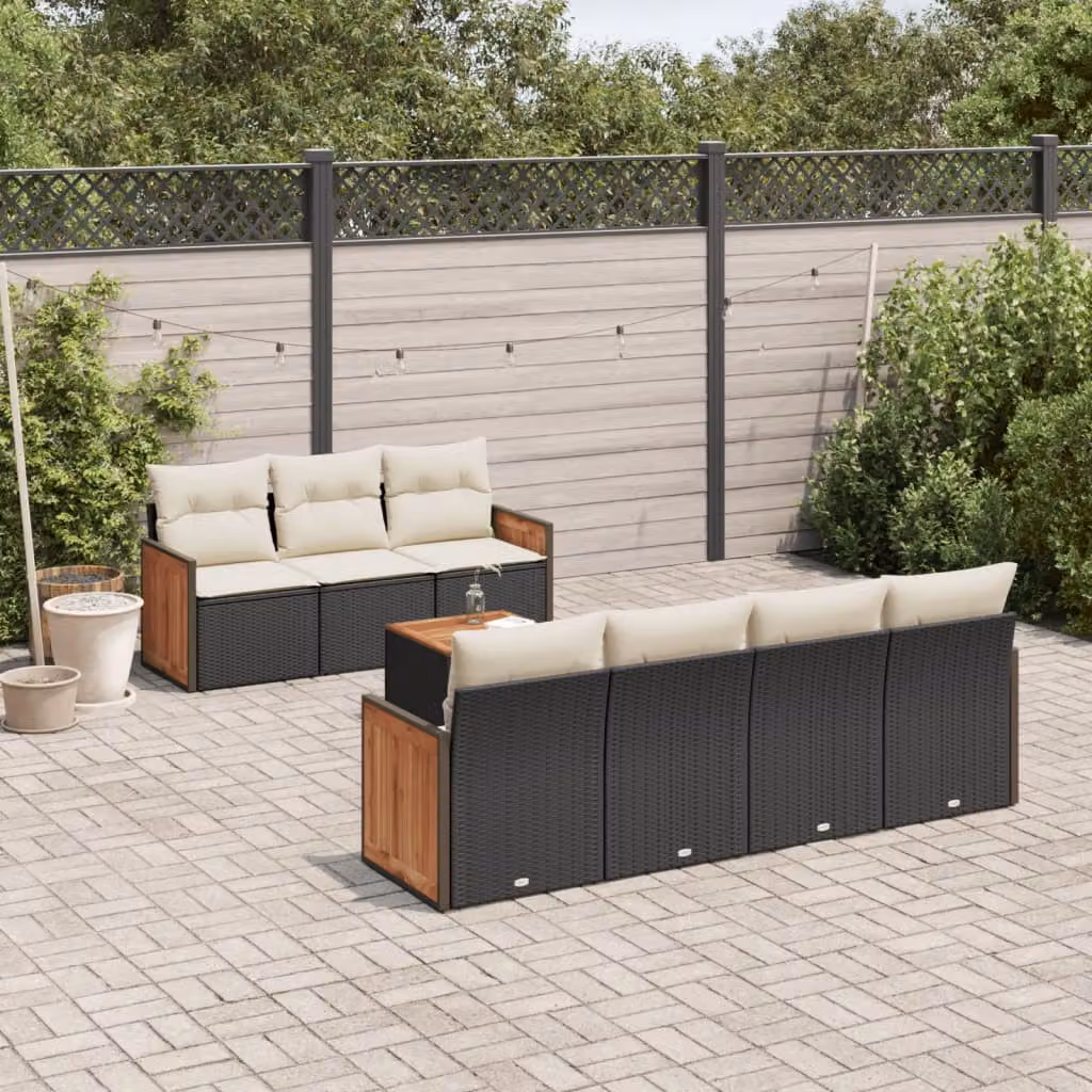 vidaXL Set Divani da Giardino a L in Polyrattan Nero con Cuscini e Tavolino da Caffè – 1