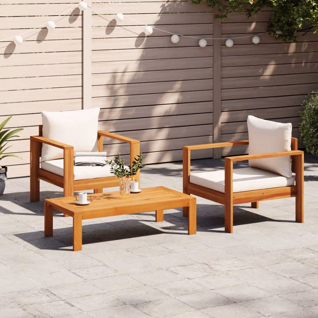 Set Divano da Giardino 3pz vidaXL in Legno di Acacia con Cuscini Bianchi – 1