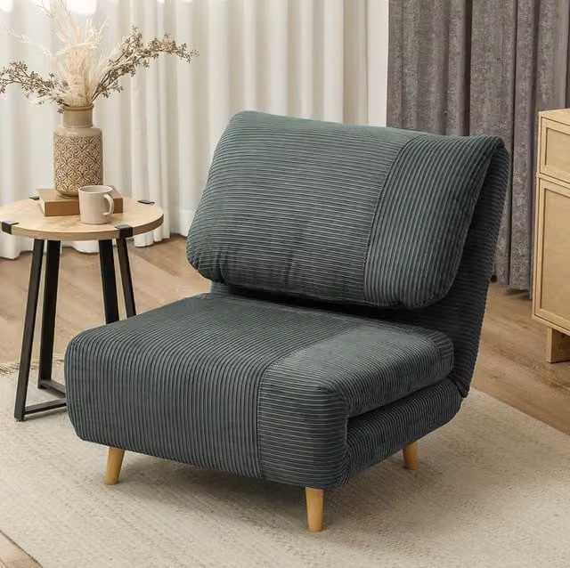 Poltrona letto ULEVR 2 in 1 82x89x83 cm con schienale reclinabile a 3 posizioni, effetto velluto a coste verde
