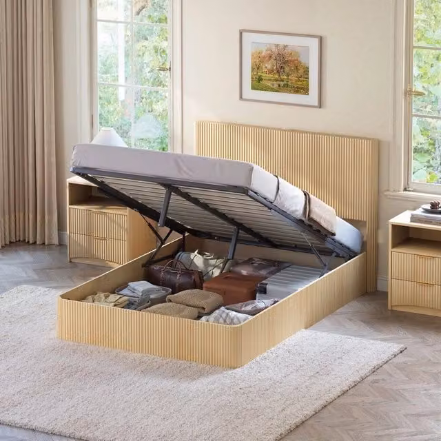 Letto Contenitore con Sollevamento Idraulico ¨C MINIMAL ¨C Rovere Chiaro, Doghe Massello, 140x200