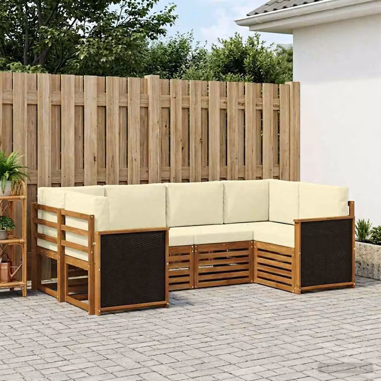 Set di divani da esterno vidaXL a forma di L composto da 6 pezzi in legno di acacia con cuscini, colore beige, bianco e marrone