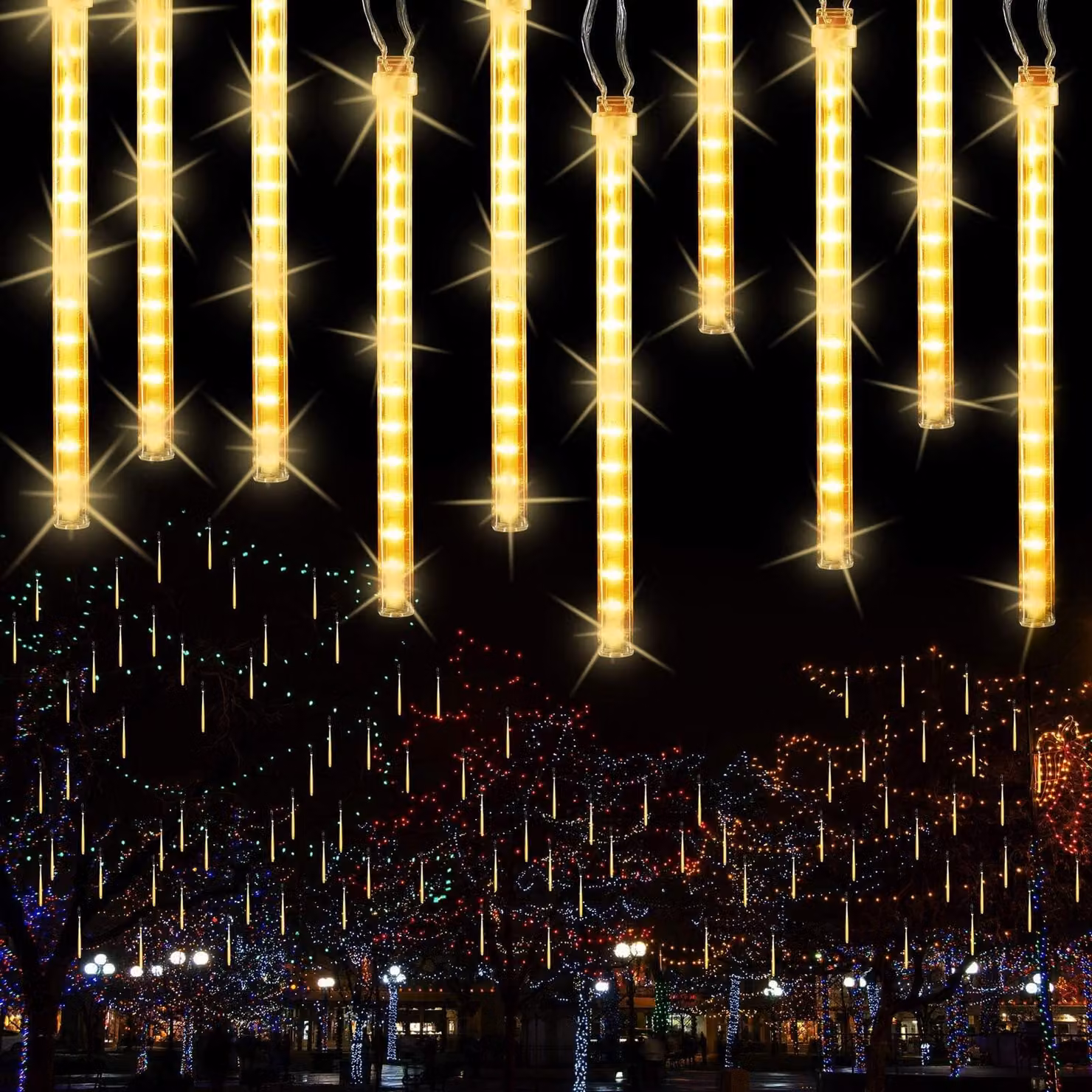 Catena luminosa a forma di meteora, con 240 LED, lunghezza 30 cm, luce bianco caldo, impermeabile