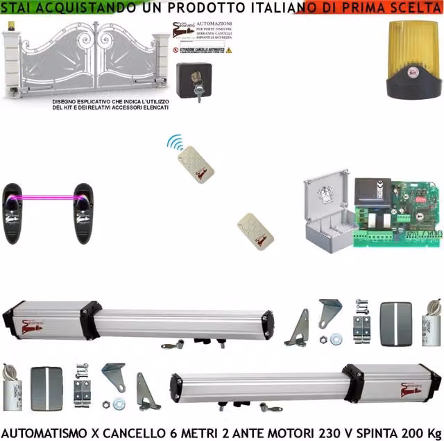 Automazione Cancello 6 Metri 2 Ante da 3 Metri Kit Base 2 Motori 230 V Spinta 2 Q.li 2 Radiocomandi Faro 3 Candele 1 Coppia di Fotocellule Selettore con 2 Chiavi Sblocco al Carrello Cartello Monitore