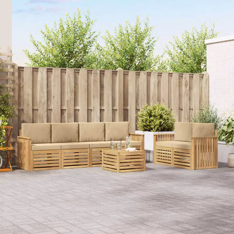 Set di divani da esterno vidaXL a forma di L con tavolo da caffè, 7 pezzi, Bianco e Beige, in legno di acacia e tessuto