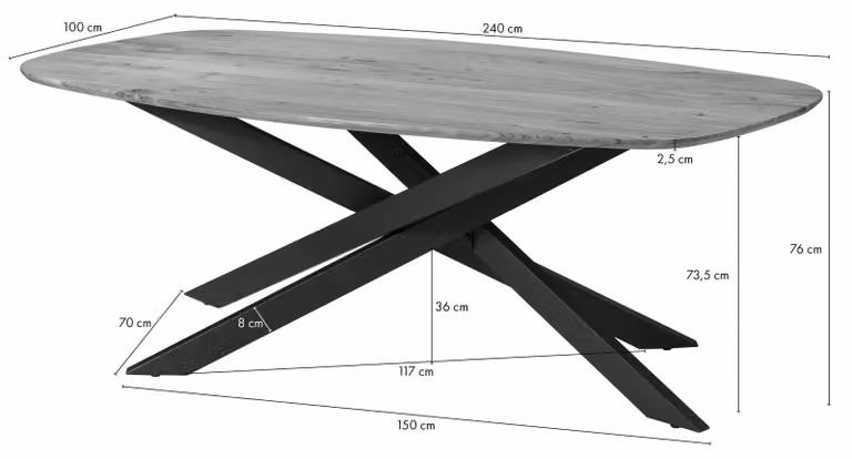 MASSIVMOEBEL24 | Tavolo da pranzo in legno di Acacia 240x100x76 Laccato naturale gambe mikado quadrate