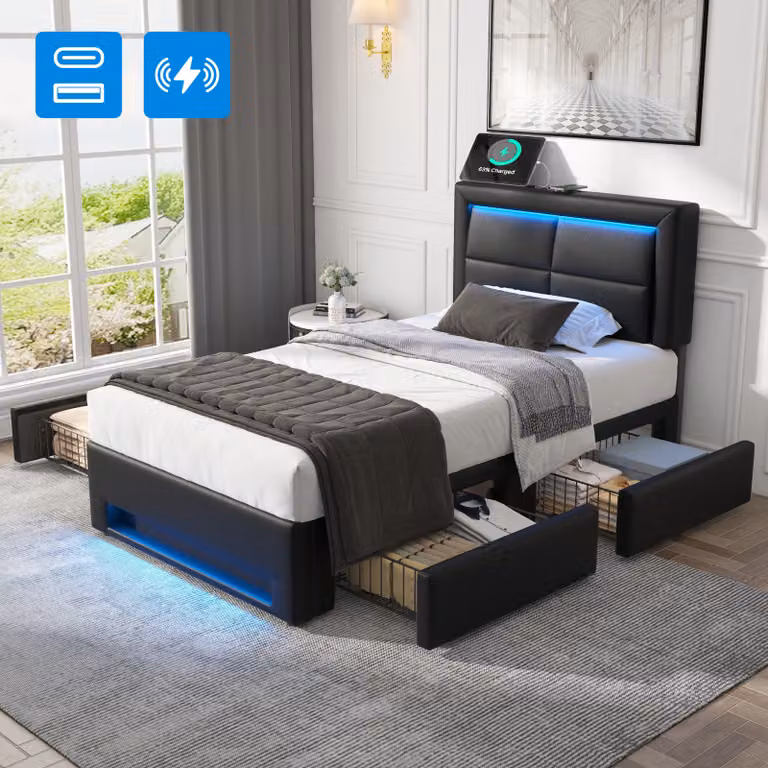 Letto imbottito Flieks 90x200cm con USB, letto contenitore letto singolo con rete a doghe e 4 cassetti, letto per ragazzi con LED, letto in legno letto funzionale, PU, nero