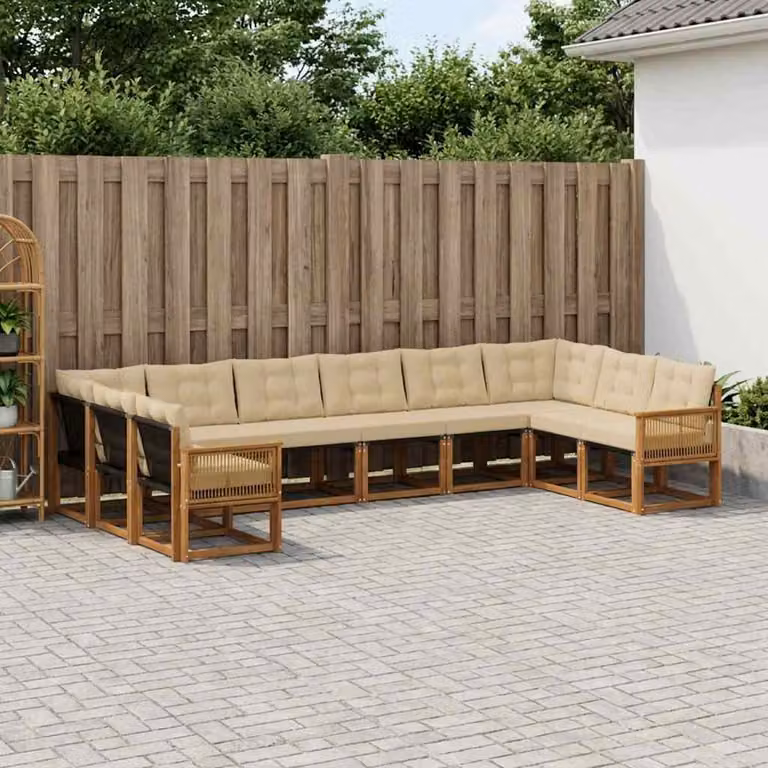 Set di divani da esterno vidaXL a forma di L composto da 10 pezzi in legno di acacia e textilene, colore beige e marrone