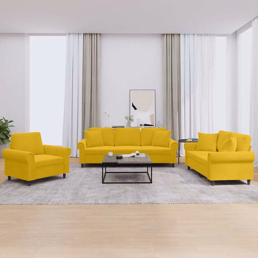 Set di divani vidaXL in velluto giallo con cuscini, composto da un divano a 3 posti e un divano a 2 posti con braccioli per il tuo soggiorno