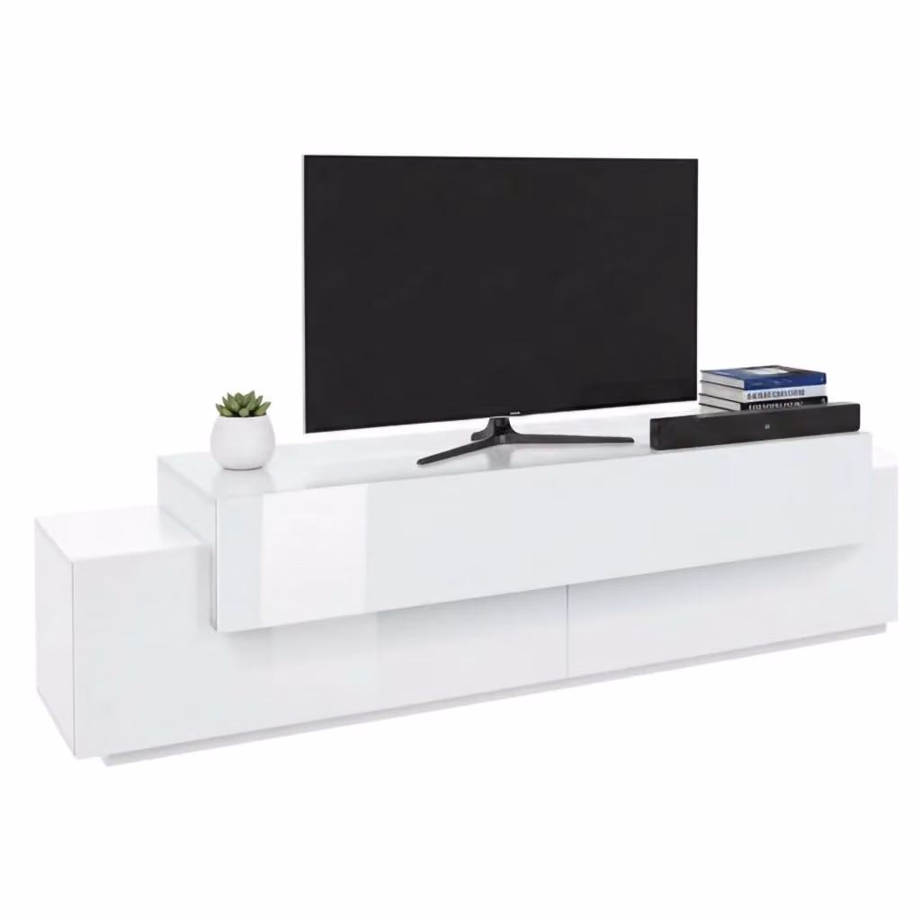 Mobile porta TV Arold DMORA, Credenza bassa da soggiorno moderna in legno bianco lucido, L: 200 cm, P: 45 cm, H: 52 cm – 2