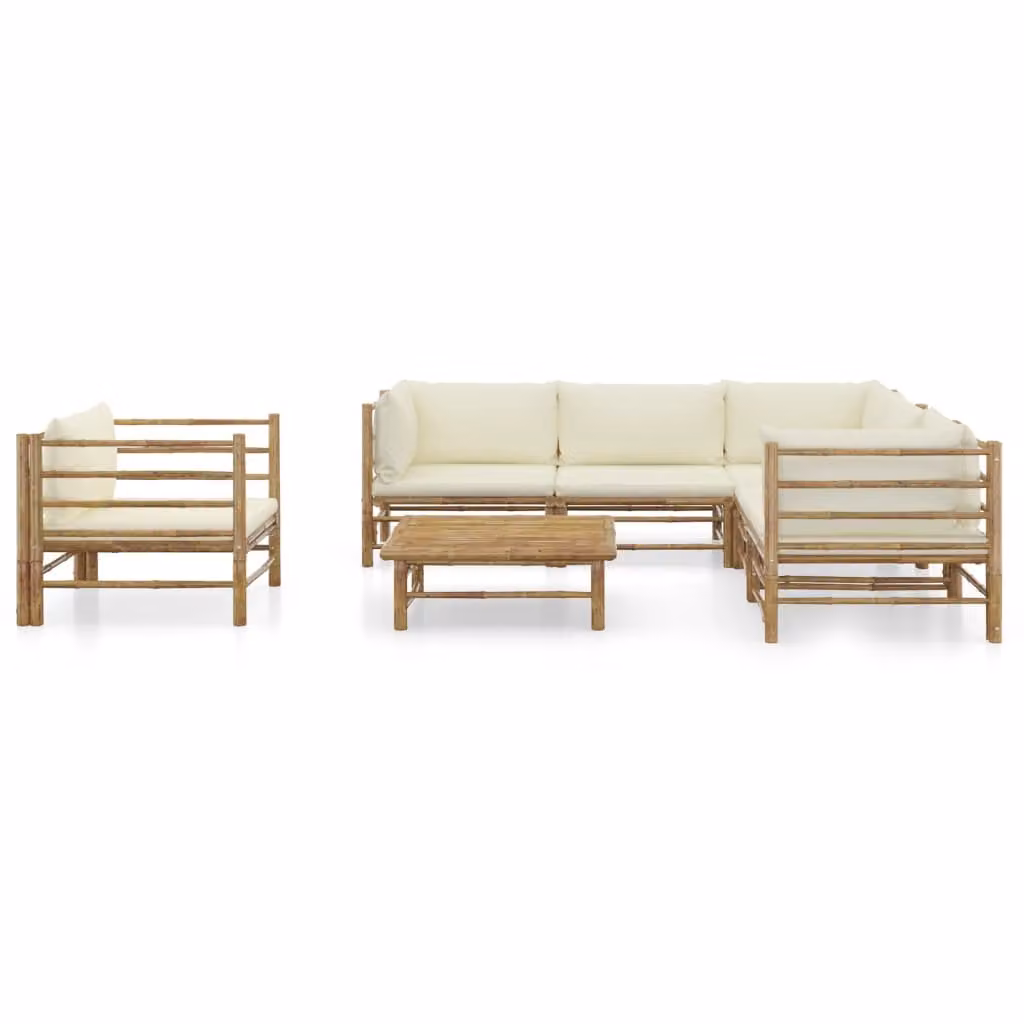 set di 7 pezzi per salotto da giardino con cuscini in bambù bianco crema