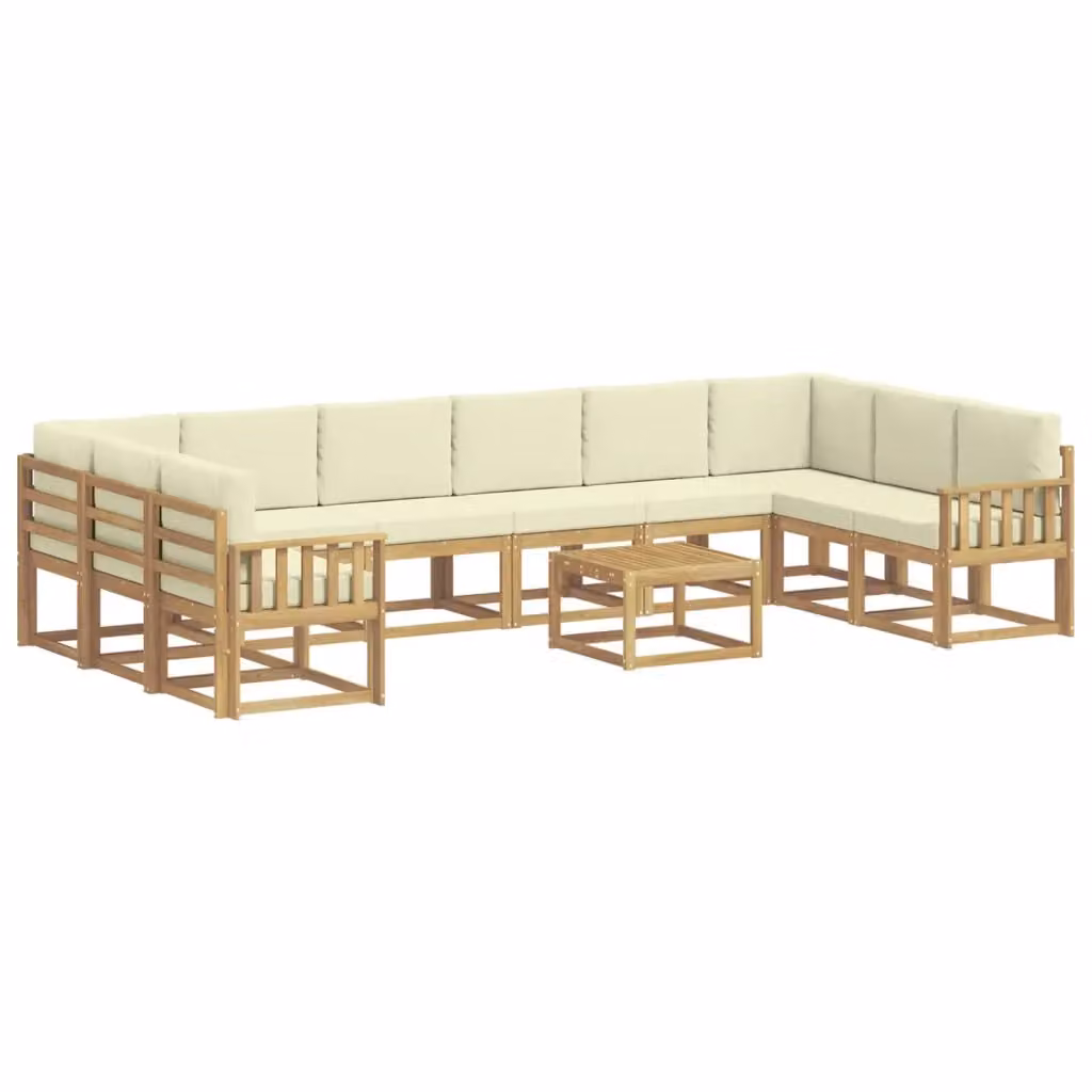Set di divani da esterno vidaXL a forma di L con tavolo da caffè, 11 pezzi, Bianco e Beige, in legno di acacia con cuscini inclusi – 2