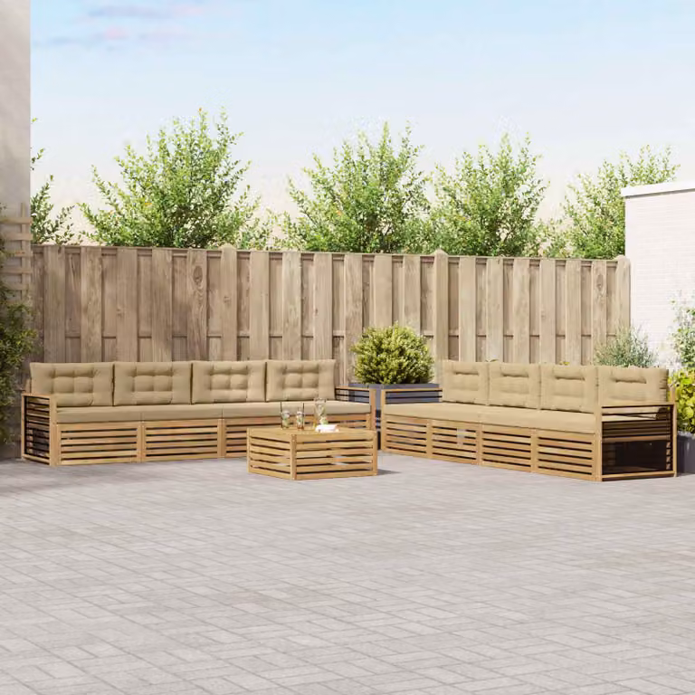 Set di divani da esterno vidaXL a forma di U composto da 9 pezzi con tavolino da caffè, in legno di acacia e poliestere bianco e beige