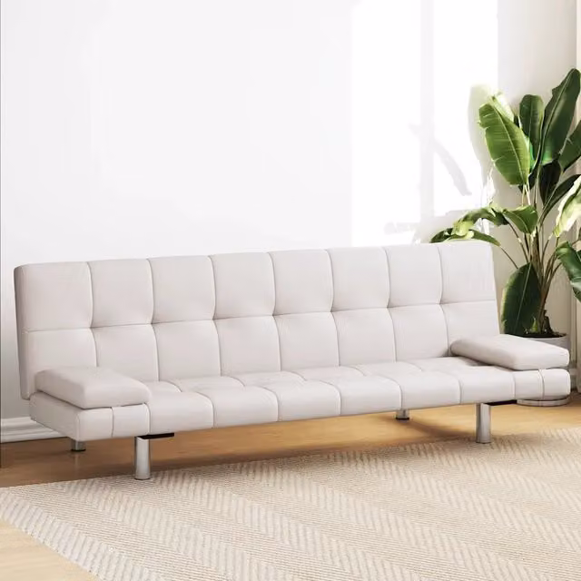 Divano Letto con 2 Cuscini Similpelle Regolabile Bianco Crema 241723