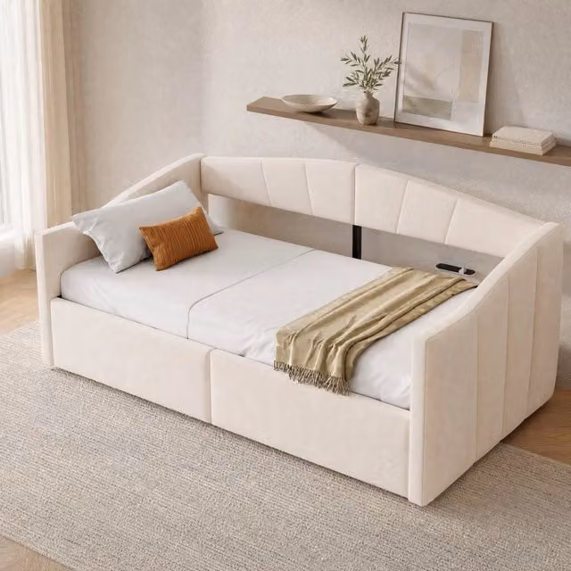 Divano letto imbottito 90x200 cm in velluto beige con contenitore idraulico