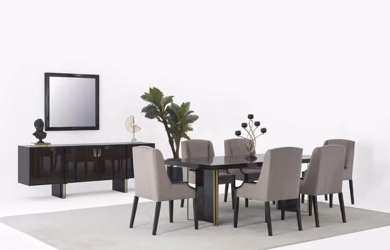 Set da pranzo: tavolo da pranzo con 6 sedie e credenza completa con specchio
