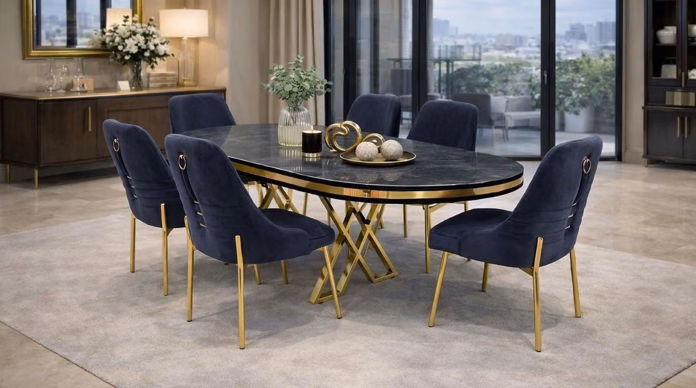 Tavolo da pranzo con 6 sedie, stile moderno, colore nero, comodo, pratico e confortevole