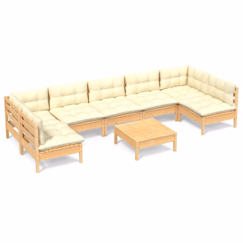 Set Divani da Giardino 8 pz con Cuscini Crema in Massello di Pino