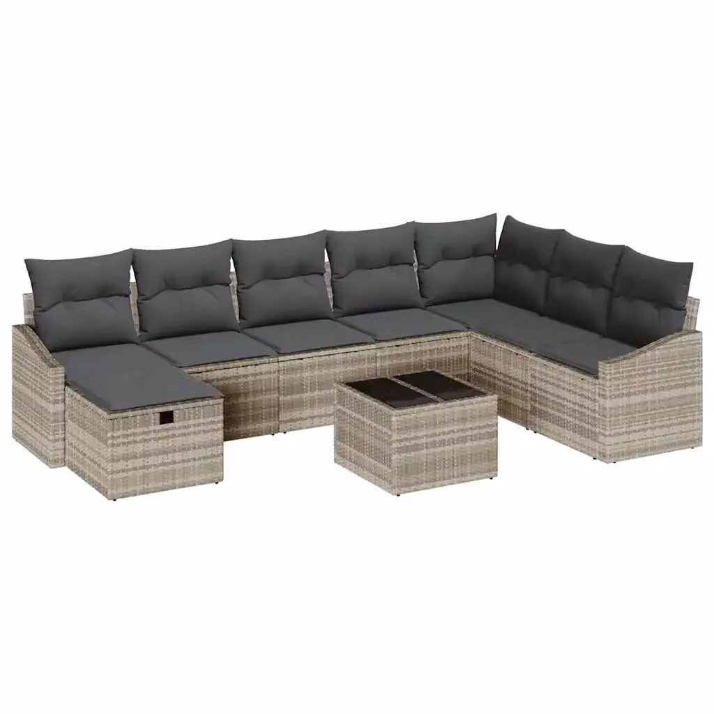 Set di divani da giardino vidaXL in polyrattan grigio con 9 pezzi, inclusi cuscini e tavolino da caffè per esterno – 2