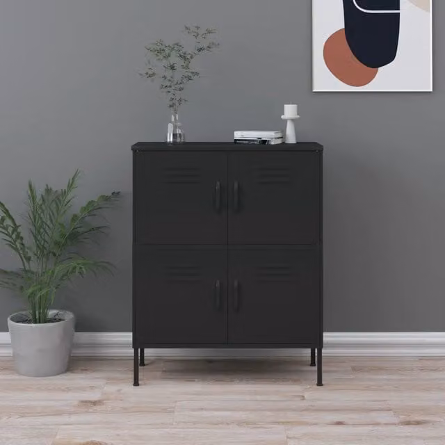 Armadietto a parete vidaXL in acciaio nero con ante a battente e ripiani interni L: 80 cm, P: 35 cm, H: 101,5 cm
