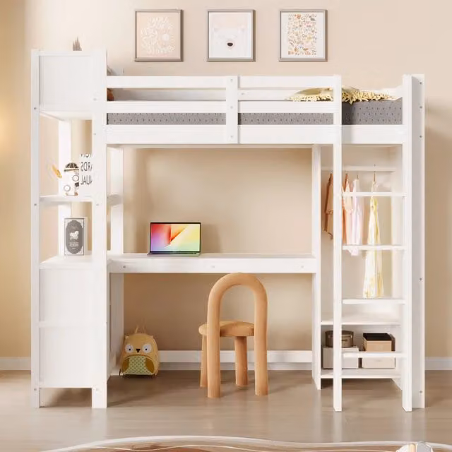 Letto a soppalco singolo bianco con scrivania, scaffali e armadio, in legno e MDF, L/P/H: 200 x 90 x 189,5 cm