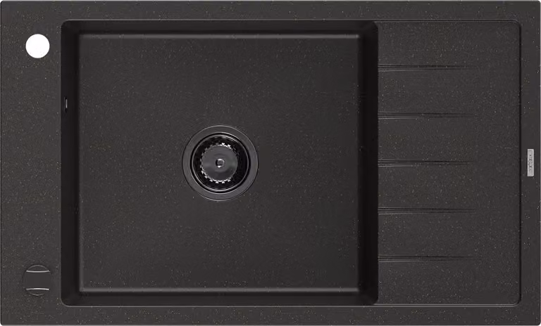 Mexen Elias lavello in granito a una vasca con sgocciolatoio 795 x 480 mm, nero/oro metallizzato, sifone nero - 6511791005-75-B