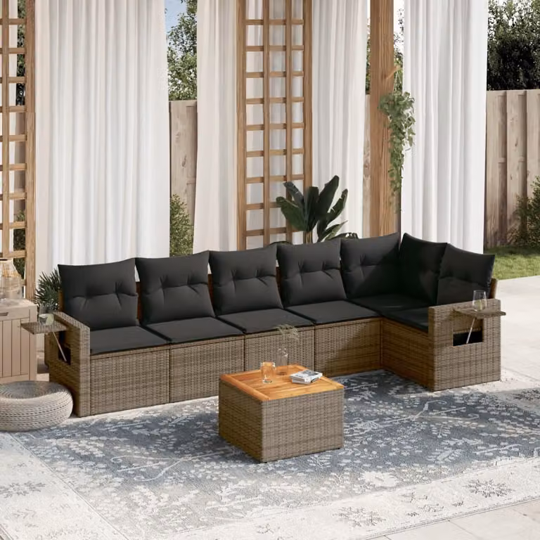 Set di divani da giardino vidaXL in polyrattan grigio con cuscini, componibile a L con tavolo e sedute imbottite