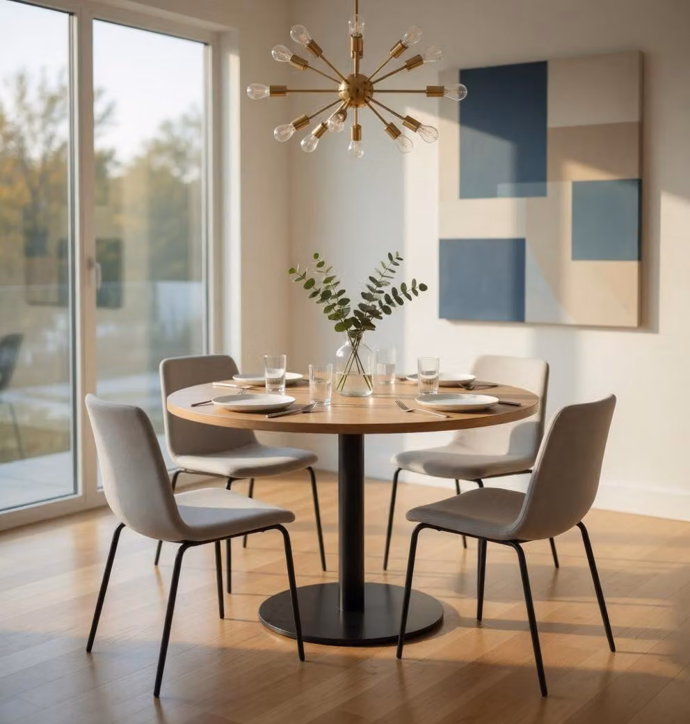 Tavolo rotondo in legno effetto legno chiaro, struttura in metallo antracite, design moderno