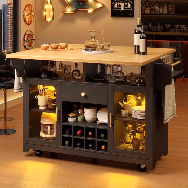 Carrello da cucina con piano pieghevole su due lati, 120 x 80 x 95 cm, MDF e metallo, LED RGB