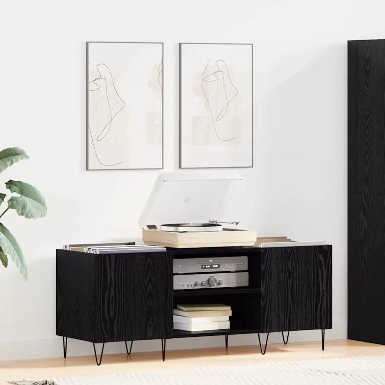 vidaXL Mobile porta vinili con porta Rovere Nero L: 121 cm, P: 38 cm, H: 48 cm