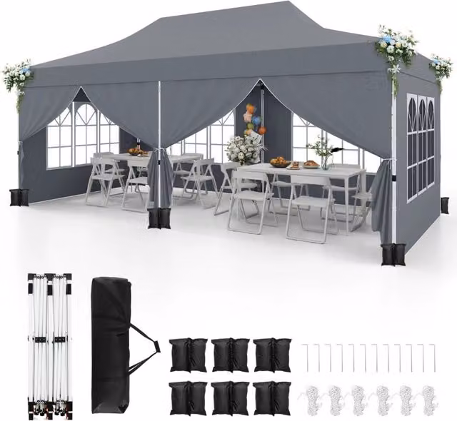 Gazebo pop-up con 6 pareti laterali e ingressi con cerniera, Gazebo istantaneo portatile per festa e picnic 3 x 6 m Grigio