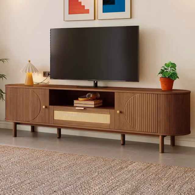 Mobile TV moderno WISHDOR in MDF marrone con ante semicircolari e vani aperti, L: 175 cm, P: 51 cm, H: 36 cm