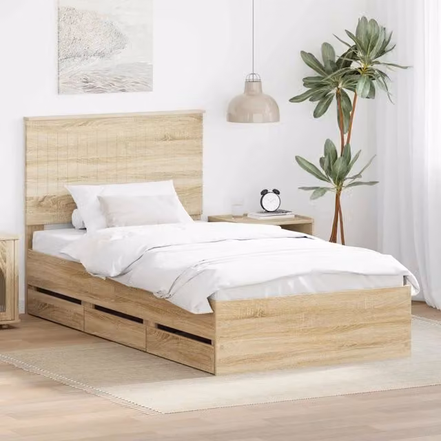 Struttura letto con cassetto vidaXL in legno Rovere, L/P/H: 100 x 200 x 102 cm